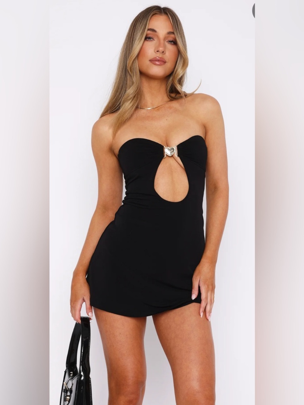 NWT White Fox Black Strapless Heart Hardware Cutout Mini Dress S